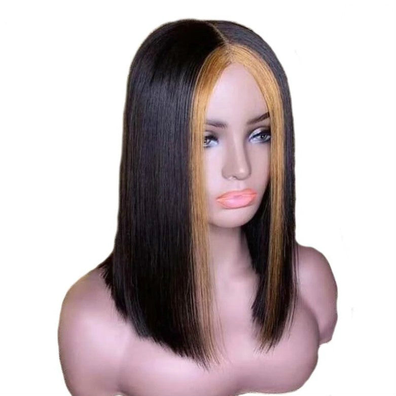 Perruque bob, mèches blondes highlight, frange longue (≈45 cm)