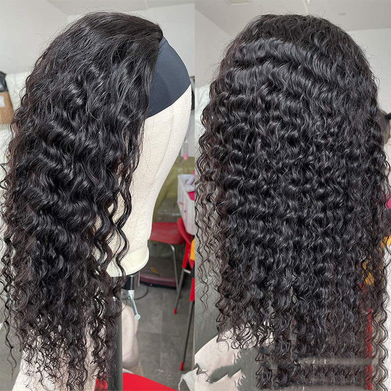 Peluca turbante rizada con diadema integrada, rizos largos y voluminosos.